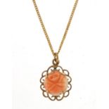 9ct gold carved coral pendant, 1.5cm in length, on a 9ct gold necklace, 38cm in length, 2.8g : For