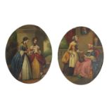 Females in interiors, pair of early 19th century oval oil on tin, framed, each 16cm x 11.5cm : For