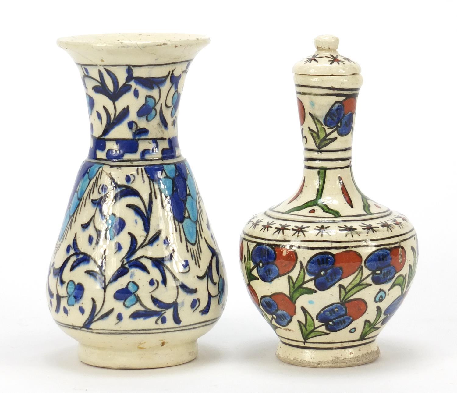 Two Islamic floral pottery vases including one with cover, the largest 11cm high : For Further - Image 3 of 9