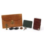 Objects including a Dunhill green leather cigarette case, gilt bronze desk seal in the form of a