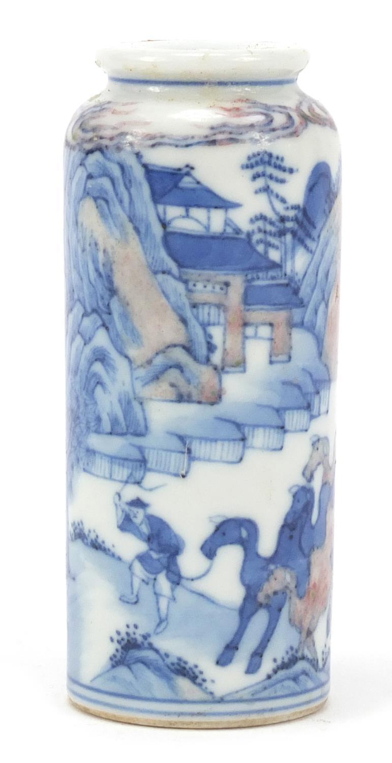 Chinese blue and white with iron red porcelain snuff bottle hand painted with a figure and animals