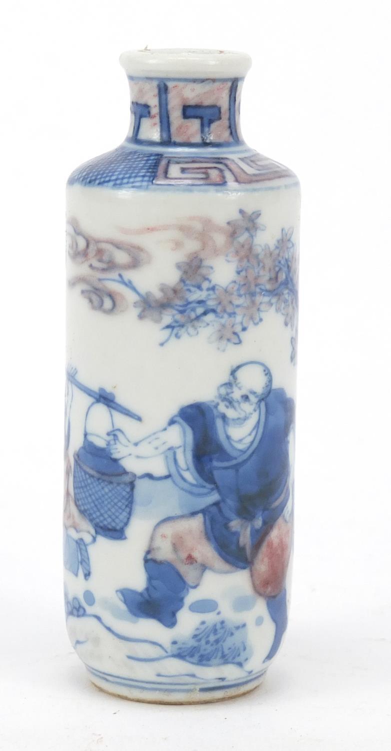 Chinese blue and white with iron red porcelain snuff bottle hand painted with figures in a - Image 2 of 8