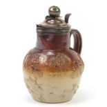Victorian salt glazed hunting jug with silver lid and mount, engraved The Bath and West of England