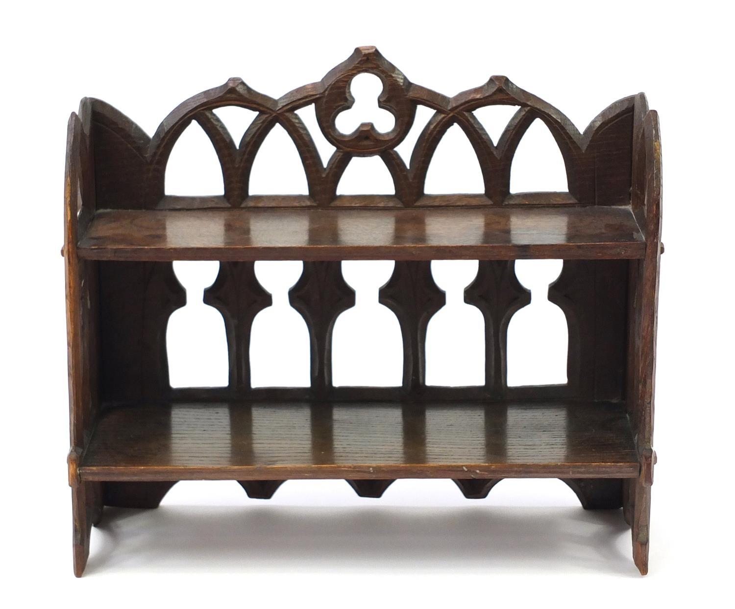 19th century Gothic oak book shelf, 31cm H x 36cm W x 13.5cm D : For Further Condition Reports, - Image 3 of 11
