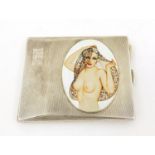Rectangular silver cigarette case by Joseph Gloster Ltd with applied enamel plaque of a semi nude