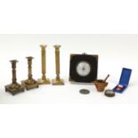 Sundry items including French Military Affairs medal, two pairs of brass candlesticks and French
