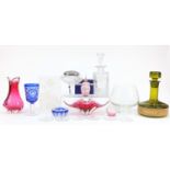 Glassware including Edinburgh crystal thistle decanter and a green glass whiskey decanter : For