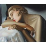 After Tamara De Lempicka - Portrait of a sleeping Art Deco female, oil on board, framed, 60cm x 49.