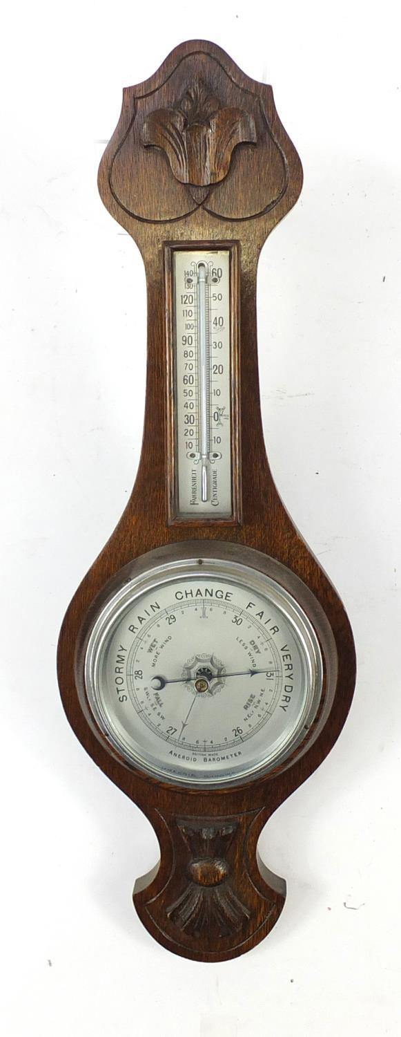 Three carved oak wall barometers and thermometers, two with silvered dials, the largest 66cm - Image 2 of 16