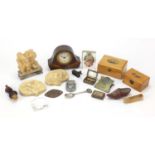Sundry items including a Players Please advertising letter clip, Chinese soapstone carvings, two