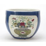 Chinese powder blue ground porcelain jardiniere hand painted with panels of figures, flower basket
