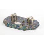 Early 20th century abalone desk stand with two silver coloured metal inkwells, impressed STG, 22.5cm