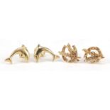 Two pairs of 9ct gold earrings including dolphins, 1.2g : For Further Condition Reports, Please