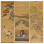 Three Chinese wall hanging scrolls including one hand painted with a landscape, each with seal