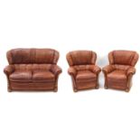Italian leather three piece lounge suite with burr walnut frame, comprising two seater settee and