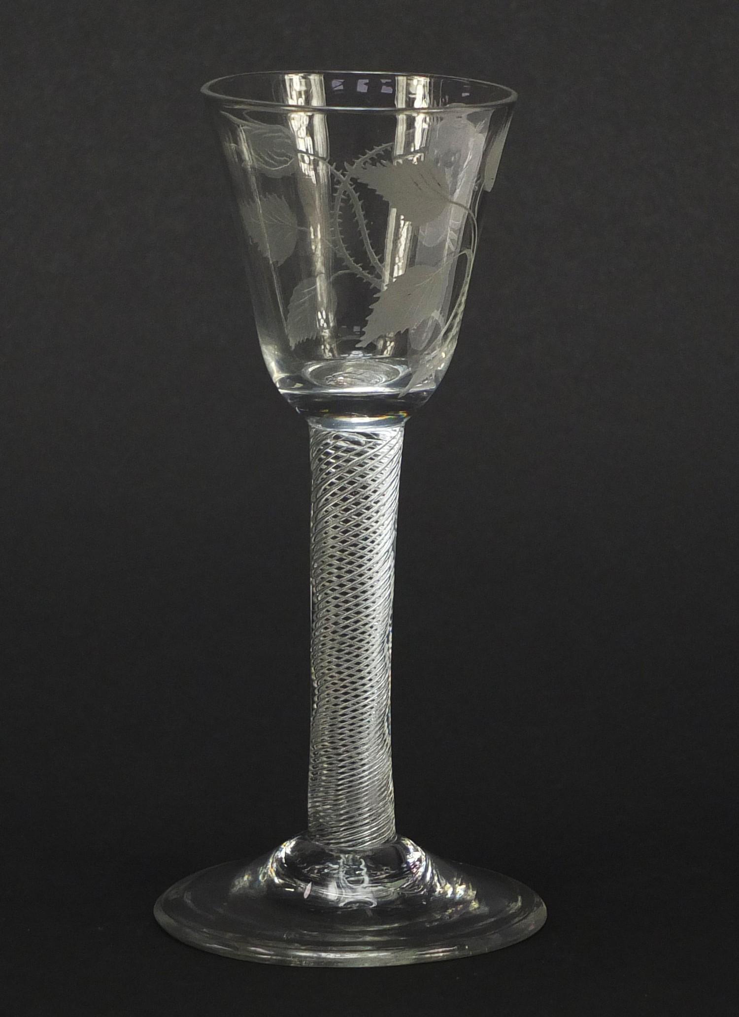18th century Jacobite wine glass having a rounded funnel bowl engraved with a rose and foliage, on - Image 4 of 9