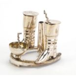 Equestrian interest silver plated cruet by Elkington & Co in the form of a pair of hunting boots,