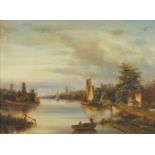 Dutch river landscape with figures in boats, Old Master style oil on board, framed, 39cm x 30cm :