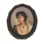 Bakelite brooch inset with a porcelain panel painted with a young female, 4cm long : For Further