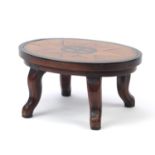 Small 19th Century wooden inlaid table with star burst design top , 14cm H x 29cm W x 19cm D : For