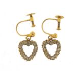 Pair of 9ct gold love heart shaped earrings set with clear stones, 1.3cm long, 2.1g : For Further