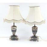 Pair of grey onyx and marble baluster table lamps raised on rectangular bases, 60cm high : For