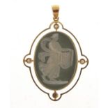 9ct gold mounted Wedgwood pendant set with seed pearls, 5cm in length, 8.8g : For Further