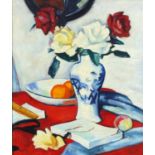 Still life flowers in a vase with fruit, Scottish Colourist school oil on board, framed, 60cm x 50cm