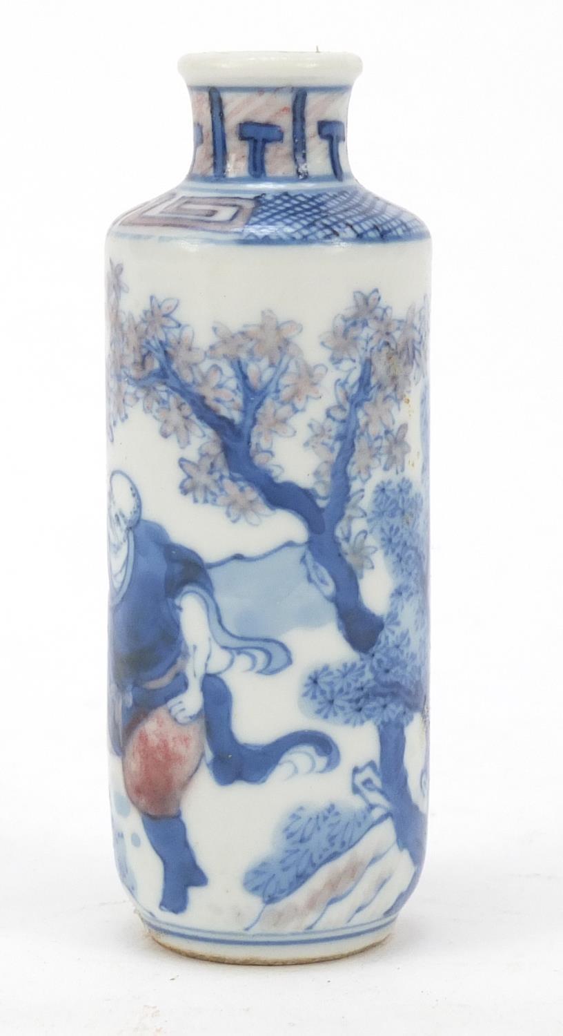 Chinese blue and white with iron red porcelain snuff bottle hand painted with figures in a - Image 3 of 8