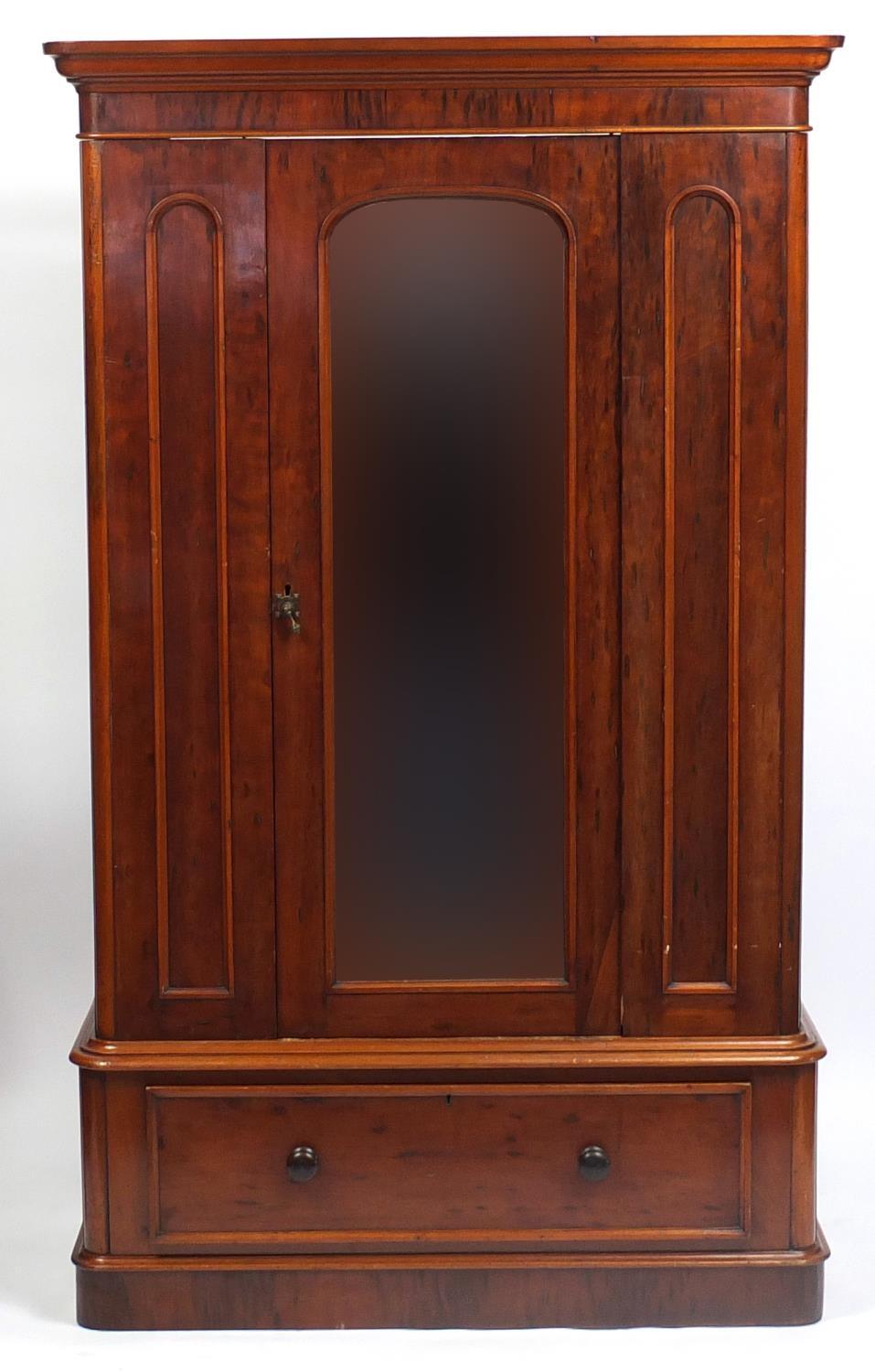 Victorian mahogany wardrobe with centre mirrored door and base drawer, 198cm H x 120cm W x 52cm