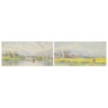 A Johnson - Asian figures in landscape and on boat and river, pair of watercolours, mounted and