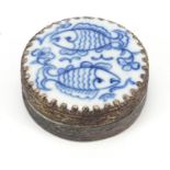 Chinese silver coloured metal box and cover with inset blue and white panel, 5.6cm in diameter : For
