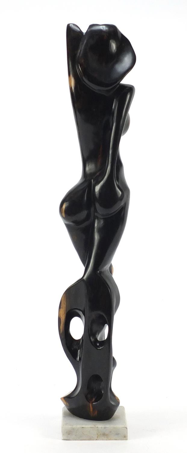 Modernist wood sculpture of a nude female raised on a faux marble base, 50cm high : For Further - Image 6 of 9