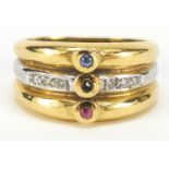 18ct two tone gold half eternity set ring with diamonds, ruby and sapphire, size P, 8.5g : For