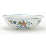 Chinese doucai porcelain shallow bowl hand painted with flowers, six figure character marks to the