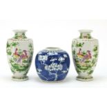 Pair of Chinese porcelain vases hand painted with flowers and a blue and white porcelain prunus