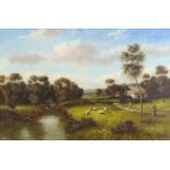George Thompson - Figures with sheep beside a stream, 19th century oil on canvas, framed, 68cm x