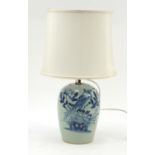 Chinese porcelain jar and cover table lamp with silk lined shade hand painted with phoenixes amongst