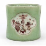 Chinese celadon porcelain brush pot hand painted in iron red with panels of lucky objects, six