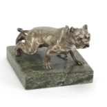 Silvered model of a Pitbull raised on a green marble base, 11cm wide : For Further Condition