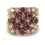 Unmarked gold five section ruby and clear stone ring, size M, 7.5g : For Further Condition