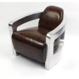 Aviation interest club chair with brown leather upholstery, 77cm H x 75cm W x 80cm D : For Further