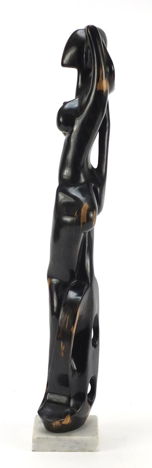 Modernist wood sculpture of a nude female raised on a faux marble base, 50cm high : For Further - Image 3 of 9