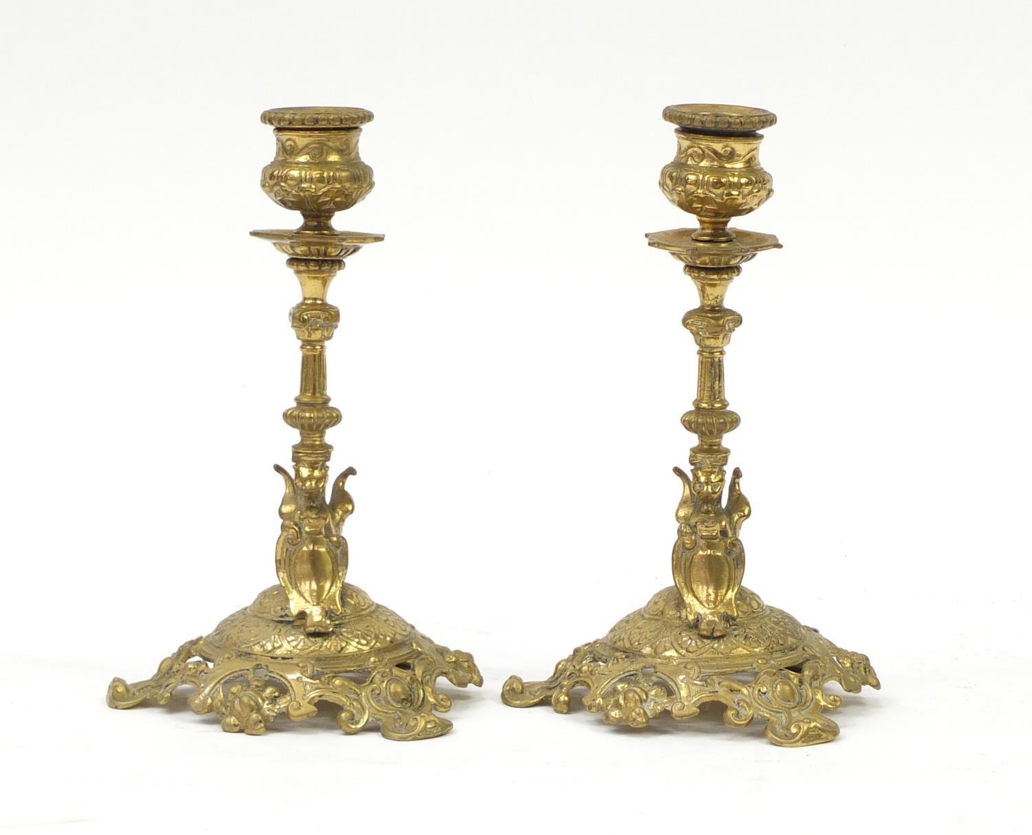 Pair of 19th century classical brass griffin design candlesticks, each 18.5cm high : For Further - Image 3 of 7