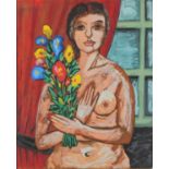 Nude female holding flowers, Continental school gouache, framed and glazed, 47cm x 37cm : For
