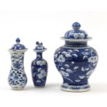 Chinese blue and white porcelain including a baluster vase and cover hand painted with prunus