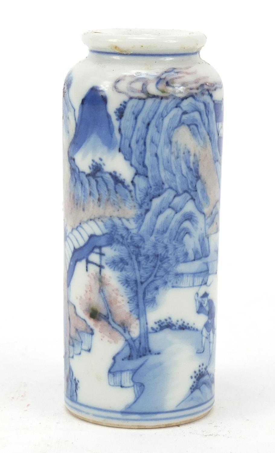 Chinese blue and white with iron red porcelain snuff bottle hand painted with a figure and animals - Image 4 of 8