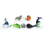 Eight colourful glass animal paperweights including Wedgwood and Mats Jonasson, the largest 19cm