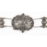 Russian silver niello work belt with two piece buckle and clasp, bearing a Kokoshnik mark to the