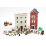 Two hand built Georgian design doll's town houses with vintage and later tinplate and other